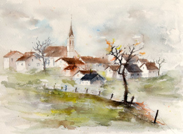 Peinture intitulée "village d'automne" par Martine Saint Ellier, Œuvre d'art originale, Aquarelle