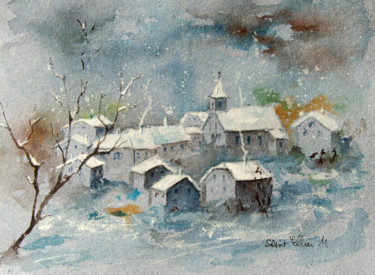 Peinture intitulée "Village en hiver le…" par Martine Saint Ellier, Œuvre d'art originale, Aquarelle