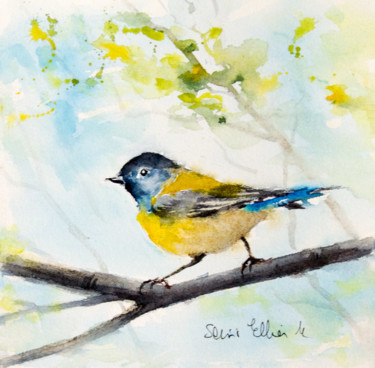 Petit oiseau sur une branche, aquarelle originale Peinture intitulée "Petit oiseau sur un…" par Martine Saint Ellier, Œuvre d'art originale, Aquarelle