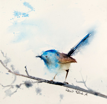 Painting titled "Oiseau bleu" by Martine Saint Ellier, Original Artwork, Watercolor