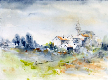 Painting titled "Village III" by Martine Saint Ellier, Original Artwork, Watercolor