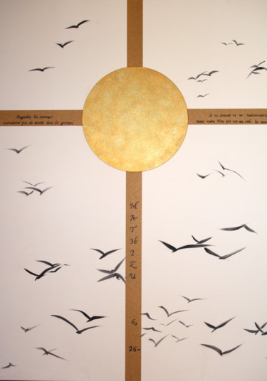 Painting titled "Les Oiseaux du Ciel" by Martine Thibaud, Original Artwork, Ink