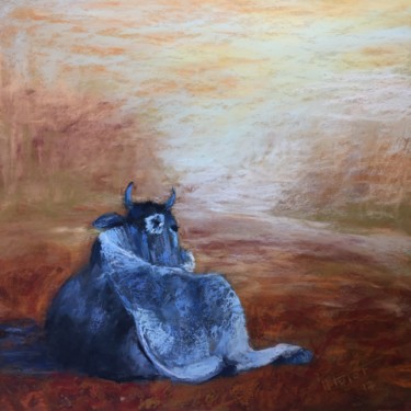 Peinture intitulée "La-vache-bleue" par Martine Tulet, Œuvre d'art originale, Bombe aérosol
