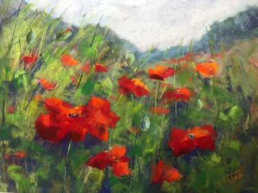 Malerei mit dem Titel "Poppies in the Vall…" von Martine Tulet, Original-Kunstwerk, Pastell