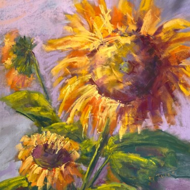 Painting titled "Sunflower 1" by Martine Tulet, Original Artwork, Pastel Mounted on Cardboard
