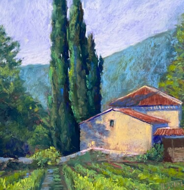Painting titled "Maison et vignes à…" by Martine Tulet, Original Artwork, Pastel