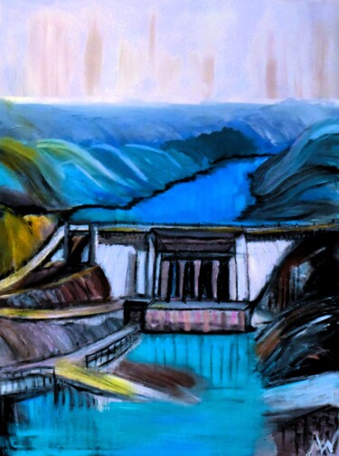 Schilderij getiteld "Idyllic Mountain Dam" door Martine Weber, Origineel Kunstwerk, Acryl