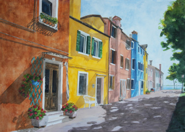 Painting titled "Burano.jpg" by Martine Boguet, Original Artwork, Watercolor Mounted on Wood Stretcher frame