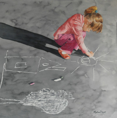 Картина под названием "Fillette à la Craie…" - Martine Boguet, Подлинное произведение искусства, Акварель Установлен на Дере…