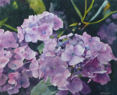 Painting titled "Hortensias.jpg" by Martine Boguet, Original Artwork, Watercolor Mounted on Wood Stretcher frame