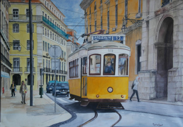 Painting titled "Tramway à Lisbonne.…" by Martine Boguet, Original Artwork, Watercolor Mounted on Wood Stretcher frame