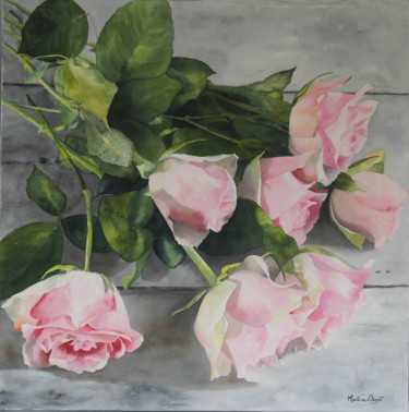 Painting titled "Bouquet de Roses" by Martine Boguet, Original Artwork, Watercolor Mounted on Wood Stretcher frame