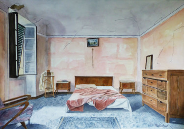 Painting titled "Chambre Rose" by Martine Boguet, Original Artwork, Watercolor Mounted on Wood Stretcher frame