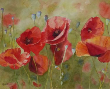 Painting titled "Coquelicots" by Martine Boguet, Original Artwork, Watercolor Mounted on Wood Stretcher frame