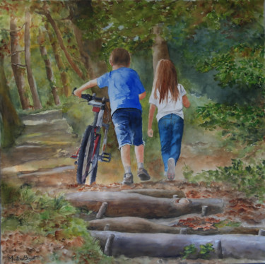 「Enfants au vélo」というタイトルの絵画 Martine Boguetによって, オリジナルのアートワーク, 水彩画 ウッドストレッチャーフレームにマウント