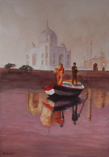 Ζωγραφική με τίτλο "Taj Mahal" από Martine Boguet, Αυθεντικά έργα τέχνης, Ακουαρέλα Τοποθετήθηκε στο Ξύλινο φορείο σκελετό