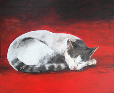 Malerei mit dem Titel "Chat Rouge" von Martine Boguet, Original-Kunstwerk, Acryl