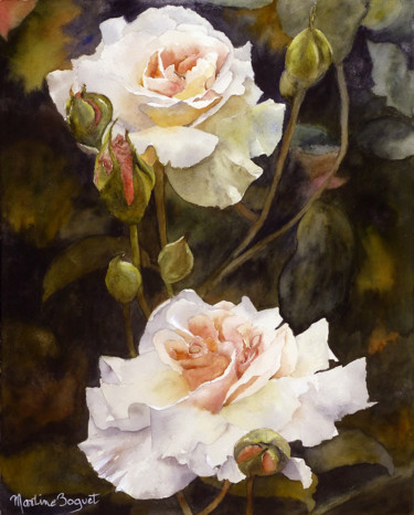 Pintura titulada "Deux roses blanches" por Martine Boguet, Obra de arte original, Acuarela Montado en Bastidor de camilla de…