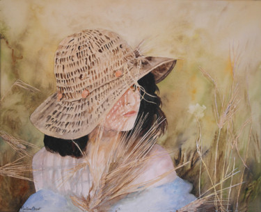 Painting titled "Jeune fille au chap…" by Martine Boguet, Original Artwork, Watercolor Mounted on Wood Stretcher frame