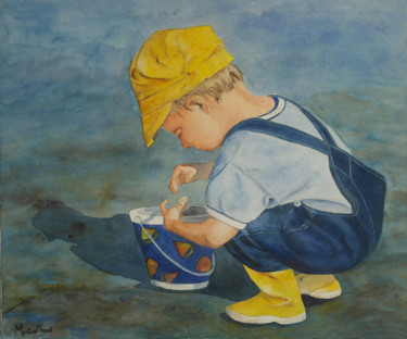 Painting titled "Enfant au coquillage" by Martine Boguet, Original Artwork, Watercolor Mounted on Wood Stretcher frame