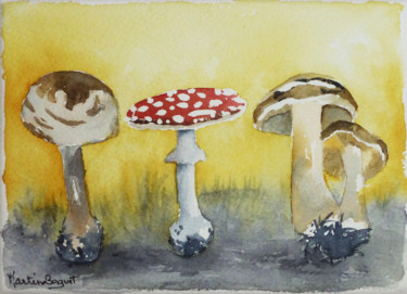 Painting titled "Champignons" by Martine Boguet, Original Artwork, Watercolor Mounted on Wood Stretcher frame