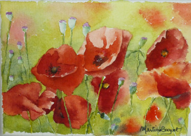 Painting titled "Coquelicots oranges" by Martine Boguet, Original Artwork, Watercolor Mounted on Wood Stretcher frame