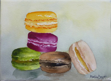 「Macarons en farando…」というタイトルの絵画 Martine Boguetによって, オリジナルのアートワーク, 水彩画 ウッドストレッチャーフレームにマウント