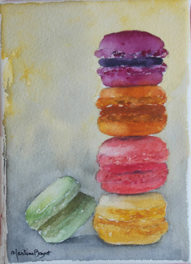 Painting titled "Macarons myrtille" by Martine Boguet, Original Artwork, Watercolor Mounted on Wood Stretcher frame