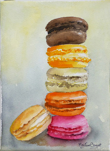 Painting titled "Macaron chocolat" by Martine Boguet, Original Artwork, Watercolor Mounted on Wood Stretcher frame