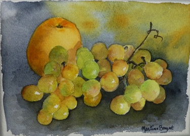 제목이 "Pomme et raisins"인 미술작품 Martine Boguet로, 원작, 수채화 나무 들것 프레임에 장착됨