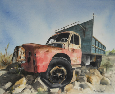 Painting titled "Camion US" by Martine Boguet, Original Artwork, Watercolor Mounted on Wood Stretcher frame