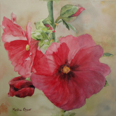 Painting titled "Rosé trémière" by Martine Boguet, Original Artwork, Watercolor Mounted on Wood Stretcher frame