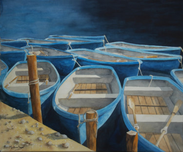 Painting titled "Barques bleues" by Martine Boguet, Original Artwork, Watercolor Mounted on Wood Stretcher frame