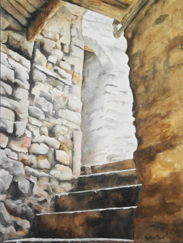 Pintura intitulada "Escaliers de lumière" por Martine Boguet, Obras de arte originais, Aquarela Montado em Armação em madeira