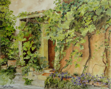 Painting titled "Porte à la vigne" by Martine Boguet, Original Artwork, Watercolor Mounted on Wood Stretcher frame