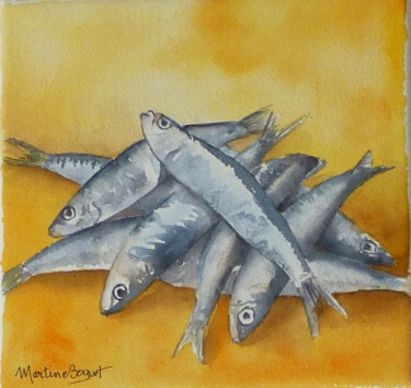 Painting titled "Sardines à Barbecue" by Martine Boguet, Original Artwork, Watercolor Mounted on Wood Stretcher frame
