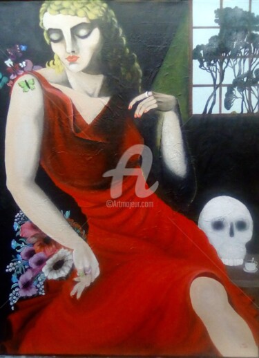 Картина под названием "La robe rouge" - Martine Lagrave, Подлинное произведение искусства, Акрил Установлен на Деревянная ра…