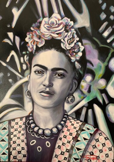 Painting titled "" Frida "" by Martine Perugini, Original Artwork, Oil Mounted on Wood Stretcher frame