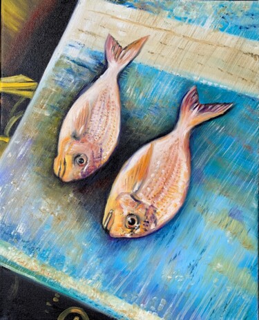 Painting titled "Poissons du marché…" by Martine Perugini, Original Artwork, Oil Mounted on Wood Stretcher frame