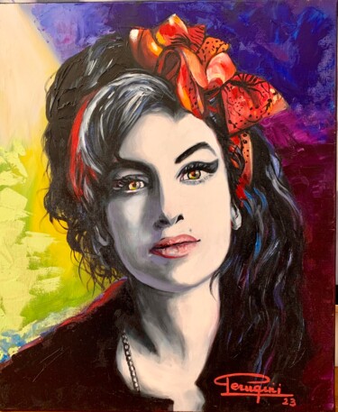 Painting titled "Amy Winehouse" by Martine Perugini, Original Artwork, Oil Mounted on Wood Stretcher frame