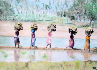 Peinture intitulée "Dans les rizières" par Martine Rauzy, Œuvre d'art originale, Huile