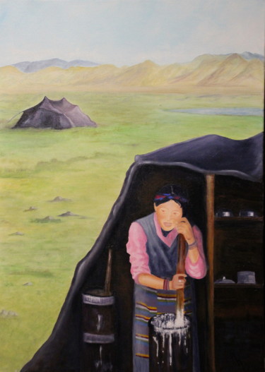 Peinture intitulée "La Nomade Tibétaine" par Martine Rauzy, Œuvre d'art originale, Huile