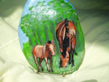 Peinture intitulée "maman et bébé cheval" par Martine Zendali, Œuvre d'art originale, Peinture vitrail