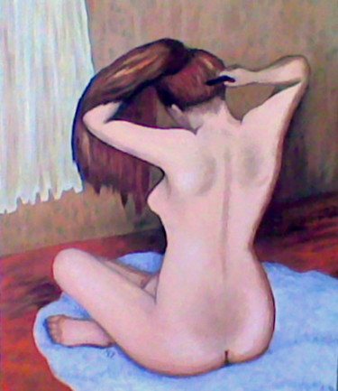 Peinture intitulée "nu se coiffant aprè…" par Martine Zendali, Œuvre d'art originale, Huile