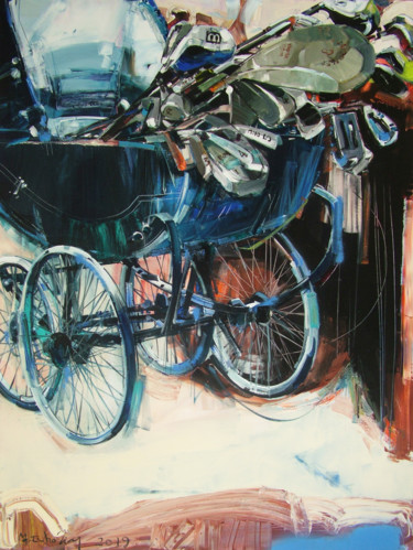 Schilderij getiteld "Golf cart" door Martinho Dias, Origineel Kunstwerk, Acryl Gemonteerd op Frame voor houten brancard