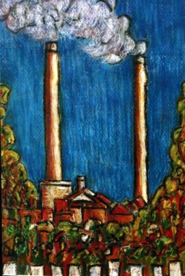 Painting titled "Two Chimneys" by Martin James, Original Artwork, Oil