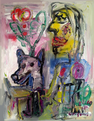 Painting titled "Girl with Dog" by Martinus Sumbaji, Original Artwork, Acrylic