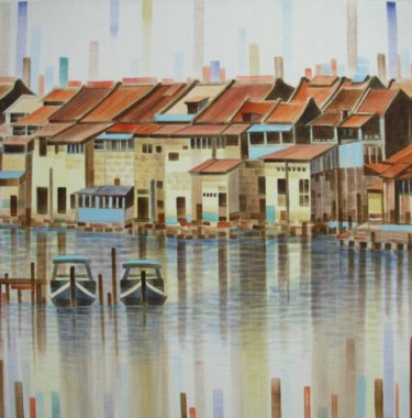 Painting titled "River Houses,Malacca" by Martin Wood-Malacca, Original Artwork, Acrylic
