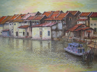 Painting titled "Malacca River, Mala…" by Martin Wood-Malacca, Original Artwork, Oil