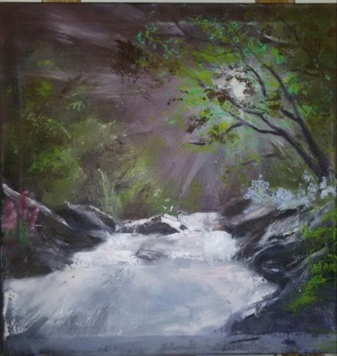 Painting titled "forest stream" by Marusha, Original Artwork, Oil Mounted on Wood Stretcher frame